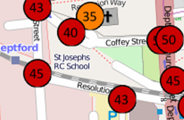 The map shows levels of nitrogen dioxide air pollution for January 2014 for one month (microgrammes/m3) in Deptford